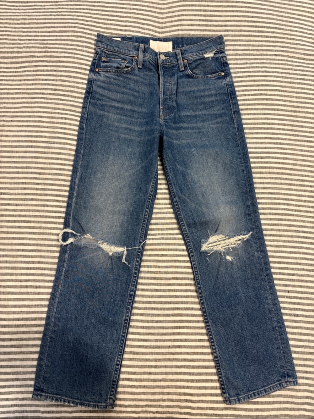 MOTHER Distressed Straight Leg Jeans - Blue
